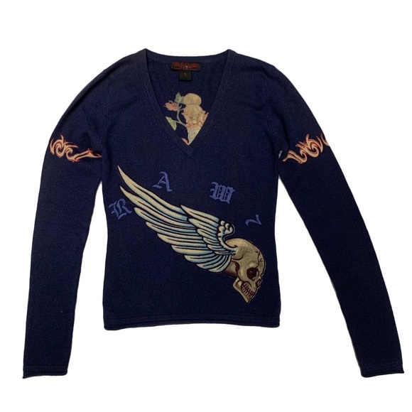 Raw7 Women's Cashmere V-Neck Sweater Skullwing with Embroiderey - Nacy - Picture 1 of 4